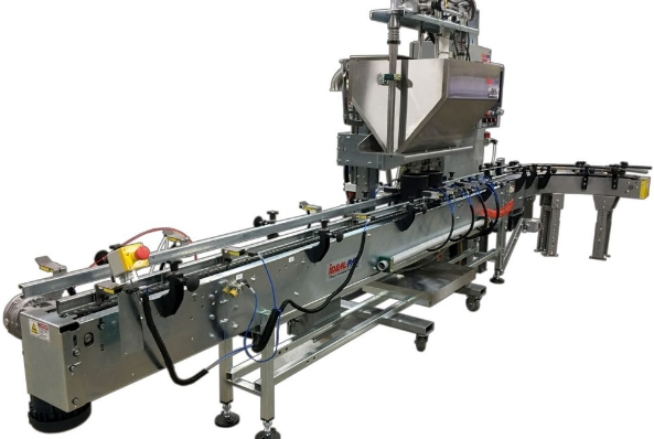 2-Head In-line Automatic Net Weight Filling & Closing Machine for 1/2 Pint to Gallon Containers with DFS Fill Cart Dual-head net weight filler