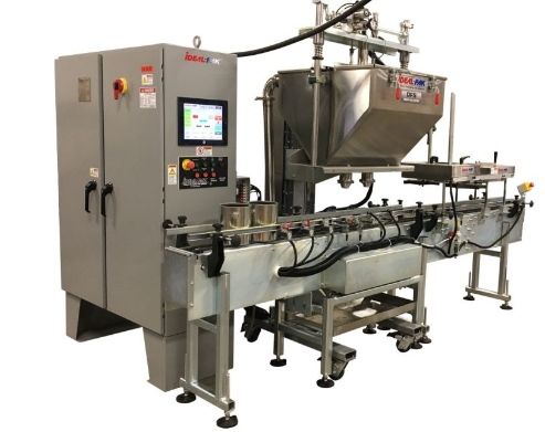 2-Head In-line Automatic Net Weight Filling & Closing Machine for 1/2 Pint to Gallon Containers with DFS Fill Cart Dual-head net weight filler